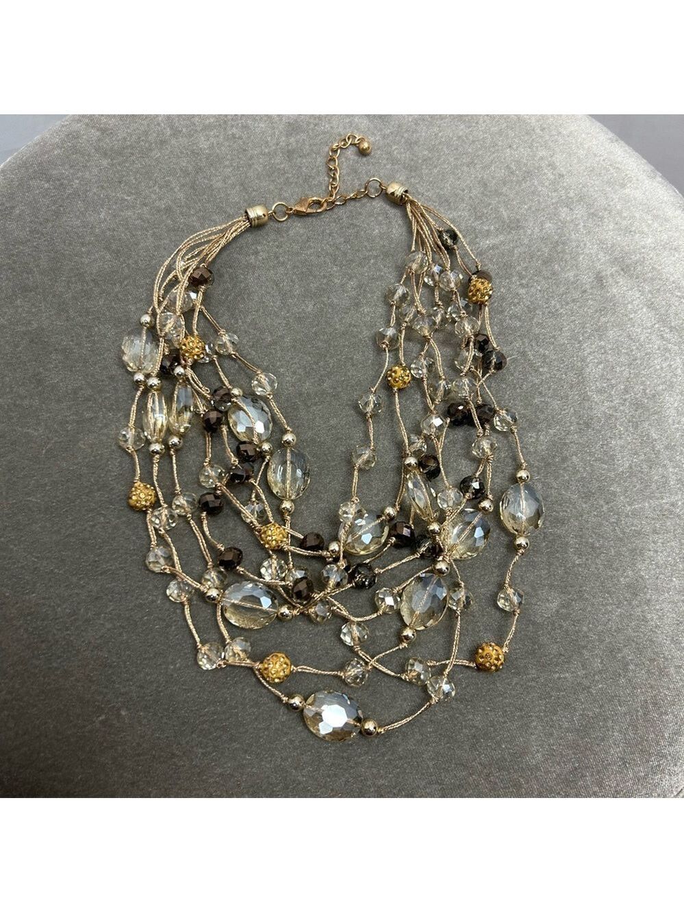 multi-strand beaded statement necklace clear crystals and textured gold beads